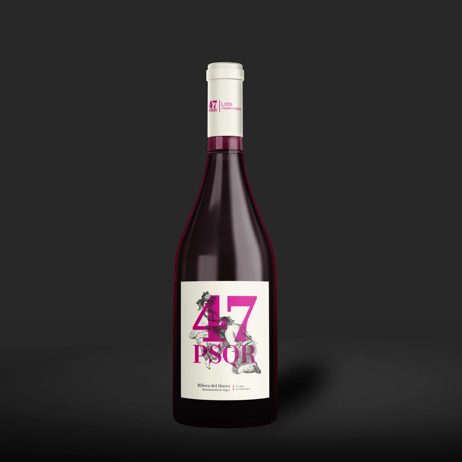 The front side of a 47 PSQR wine bottle mockup label design.
